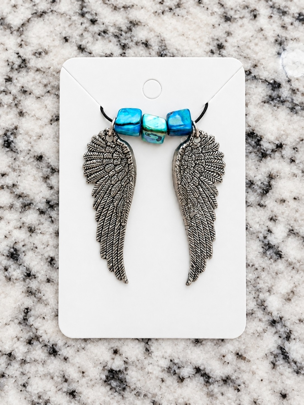 Silver Toned Angel Wing Necklace with Blue Beads